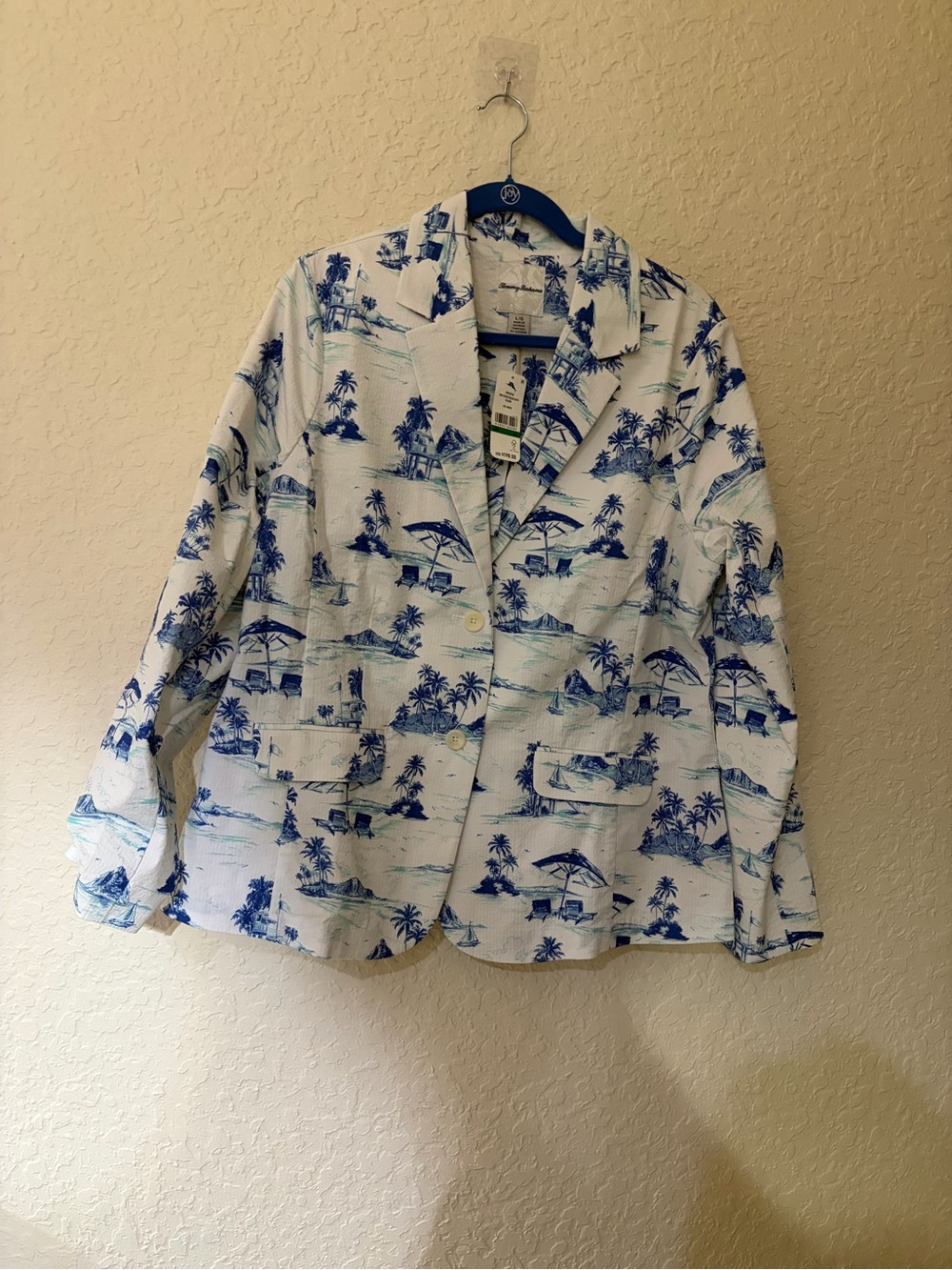 Tommy Bahama Blue & White Island Print Button-Down Blazer.  Uni-Sex